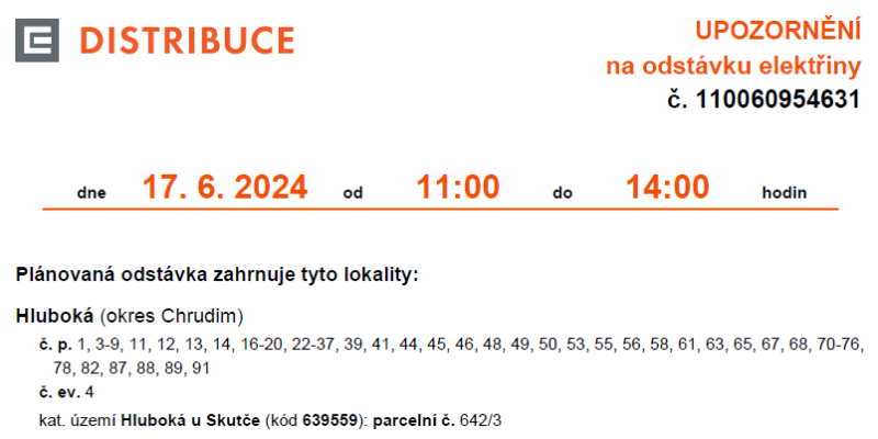 Odstávka elektřiny 17.6.